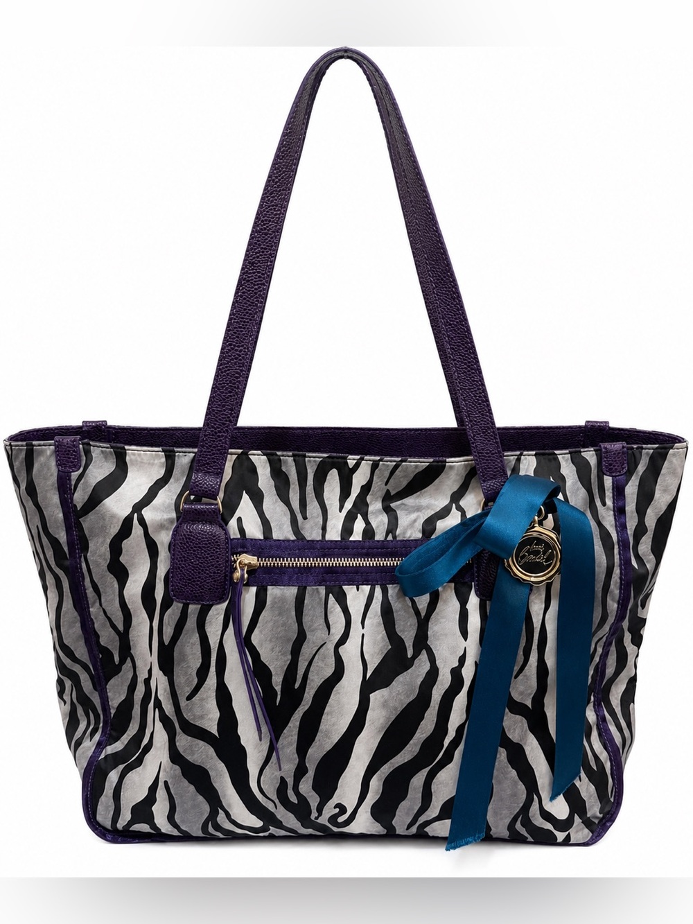 Henri Bendel Zebra Print Purple Leather Bow Charm Large Tote Bag